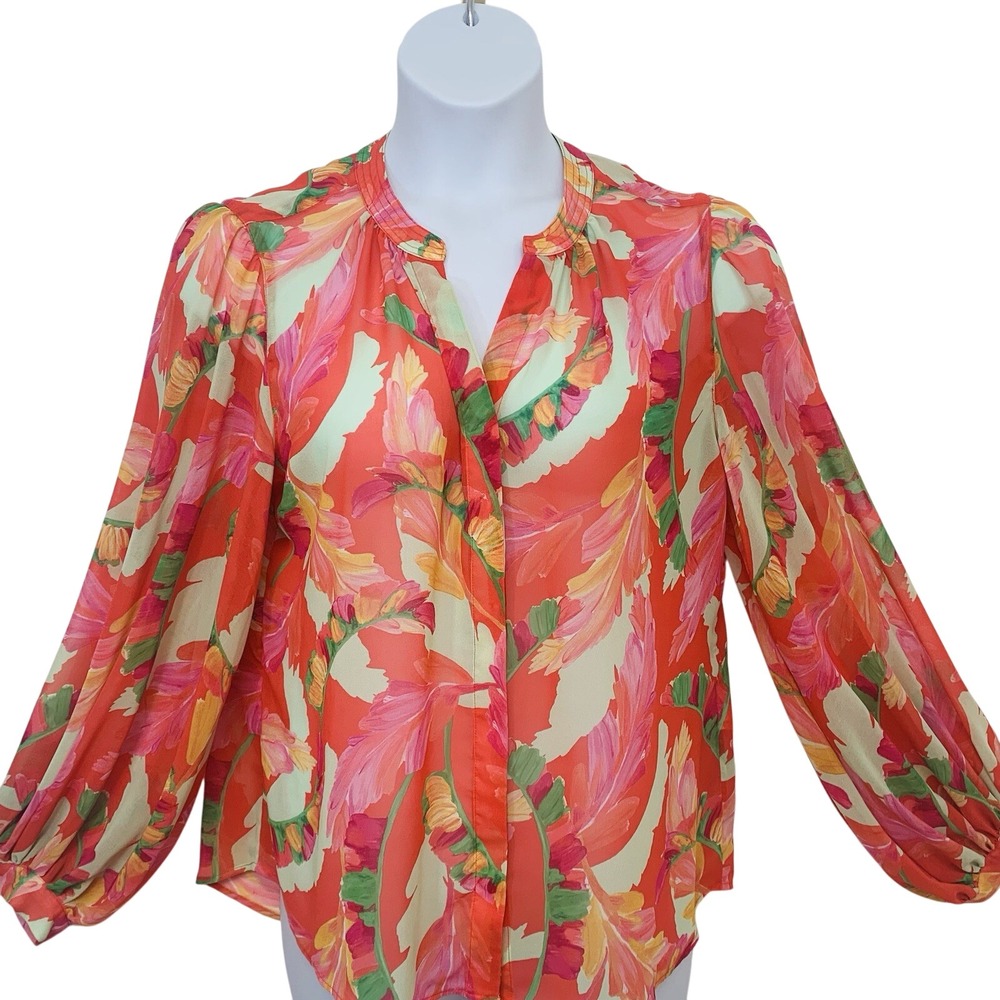 Chicos 3 Blouse Top Woman XL Button Up Floral Sheer Long Flare Sleeve Tropical
